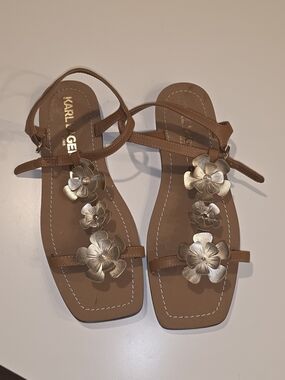 Karl Lagerfeld Tan Sandals with Gold Floral Accents